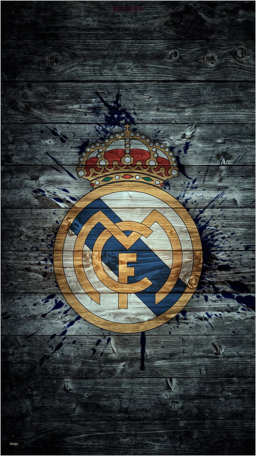 Real Madrid CF Logo on Dark Wood Background with Blue Splatter HD phone wallpaper