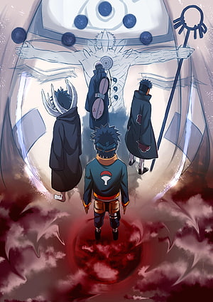 Naruto Anime Artwork Featuring Obito, Rin, and Akatsuki Members Before the Giant Statue HD phone wallpaper