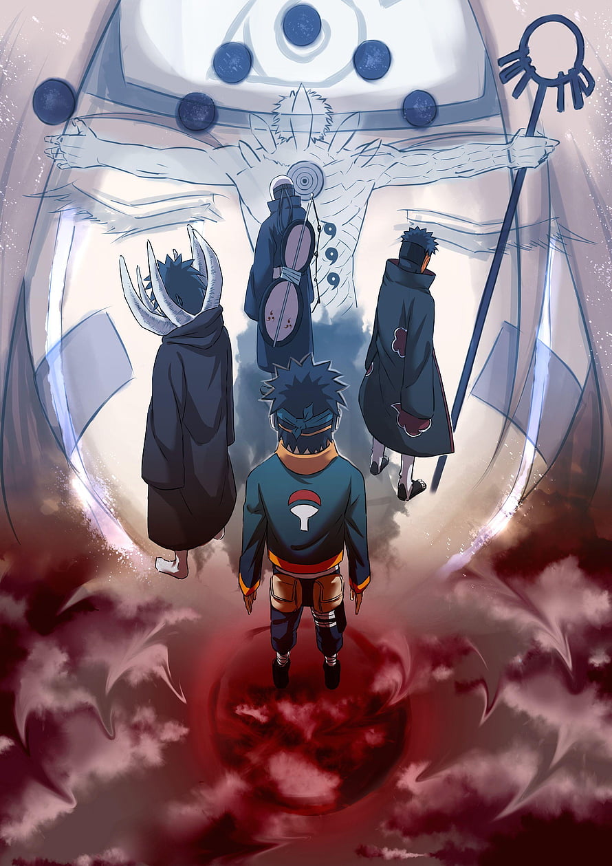 Naruto Anime Artwork Featuring Obito, Rin, and Akatsuki Members Before the Giant Statue HD phone wallpaper