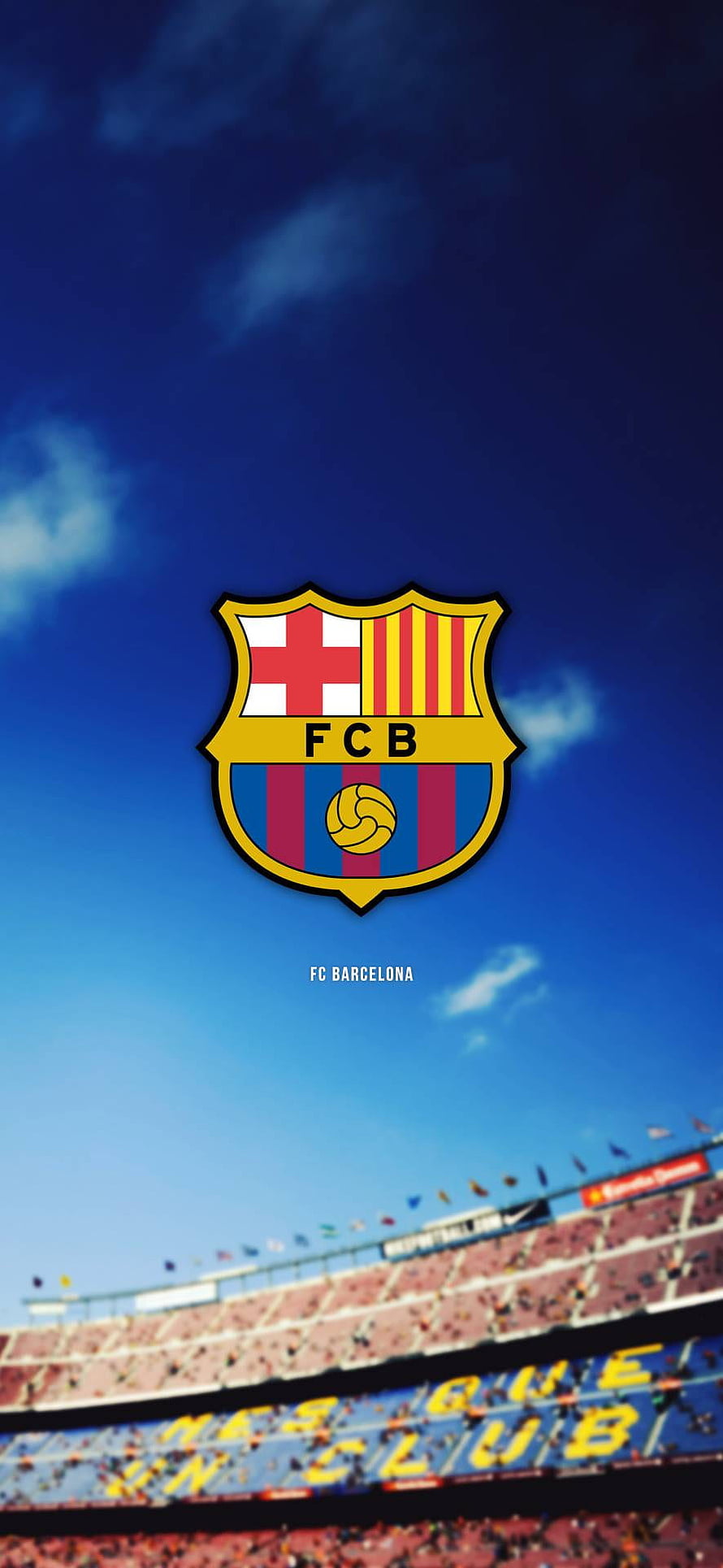 FC Barcelona crest centered above Camp Nou stadium stands under a vivid blue sky with scattered clouds HD phone wallpaper