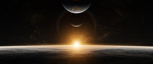 Cinematic Space Scene Featuring a Distant Planet and a Bright Sun Rising Over a Cloudy Horizon HD wallpaper