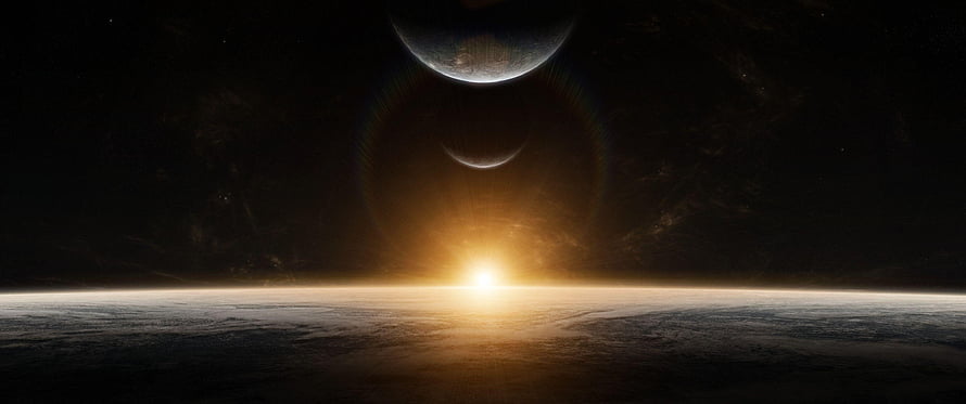 Cinematic Space Scene Featuring a Distant Planet and a Bright Sun Rising Over a Cloudy Horizon HD wallpaper