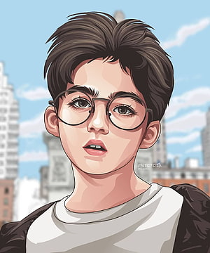 Illustrated Portrait of a Young Man with Glasses and Dark Hair in an Urban Setting, Cartoon DP Boy For Whatsapp, handsome boy cartoon HD phone wallpaper