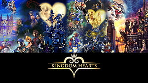 Kingdom Hearts Character Collage with Heart Emblem and Franchise Logo HD wallpaper