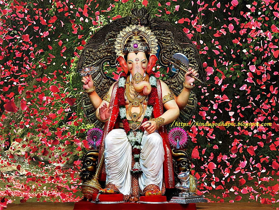 Lord Ganesha Seated on Ornate Throne Surrounded by Vibrant Rose Petals and Floral Garlands HD wallpaper