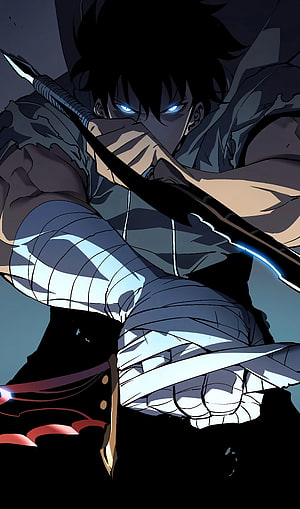 Anime warrior with glowing blue eyes and bandaged arms wielding a sword HD phone wallpaper