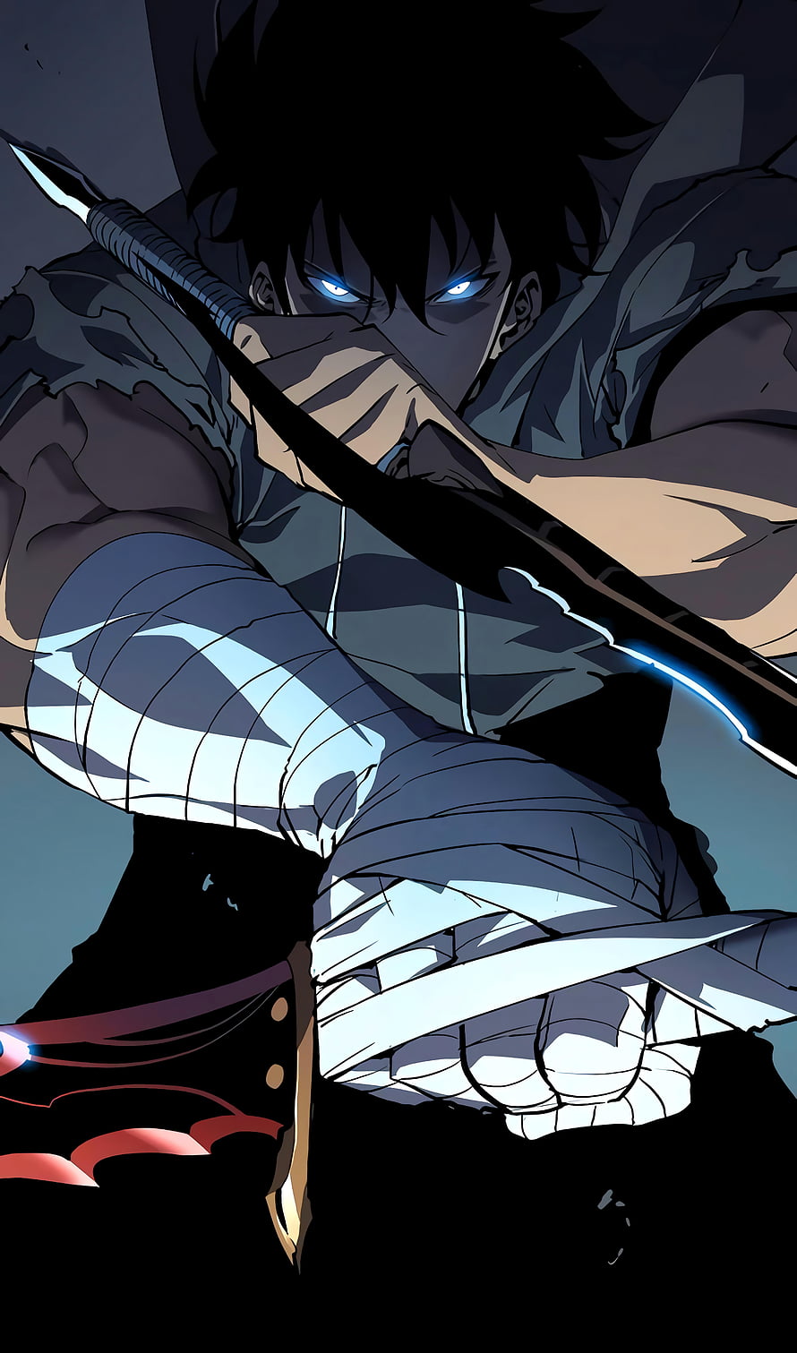 Anime warrior with glowing blue eyes and bandaged arms wielding a sword HD phone wallpaper