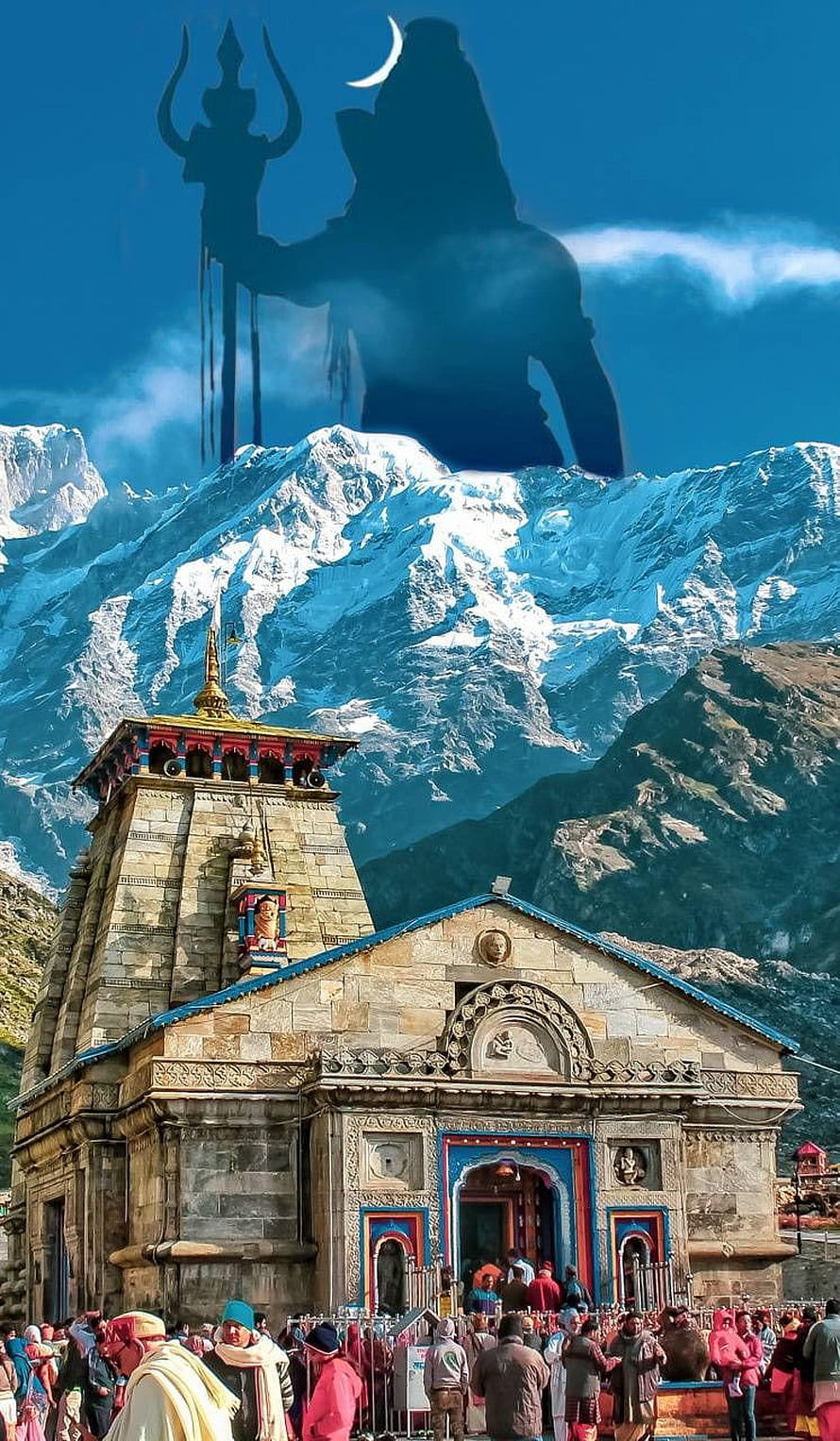 Kedarnath Temple with Giant Lord Shiva Silhouette Against Snowy Himalayan Mountains HD phone wallpaper