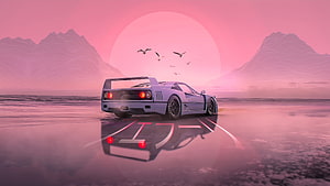 Retro Aesthetic Purple Supercar on Wet Road with Pink Sunset and Mountains HD wallpaper