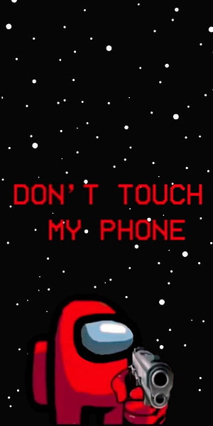 Red Among Us Crewmate Holding Gun With Warning Text On Starry Background HD phone wallpaper