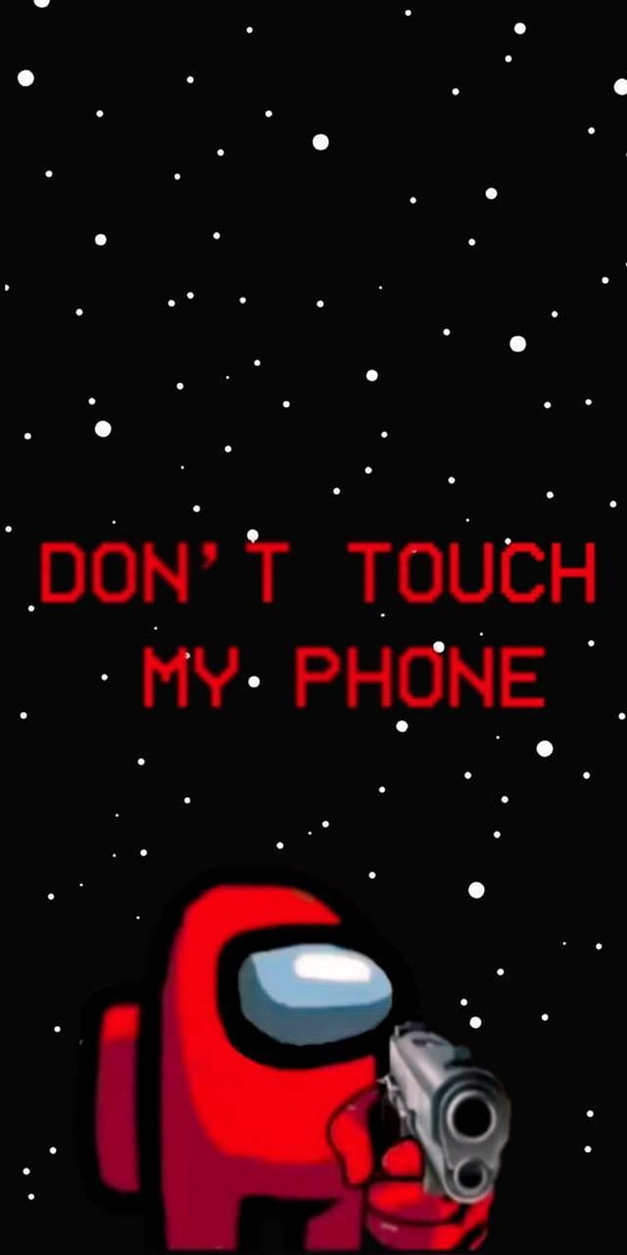 Red Among Us Crewmate Holding Gun With Warning Text On Starry Background HD phone wallpaper