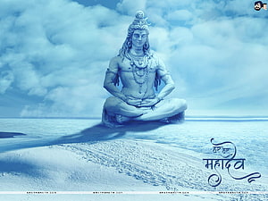 Meditating Lord Shiva in Blue Monochrome Style on Snowy Landscape HD wallpaper