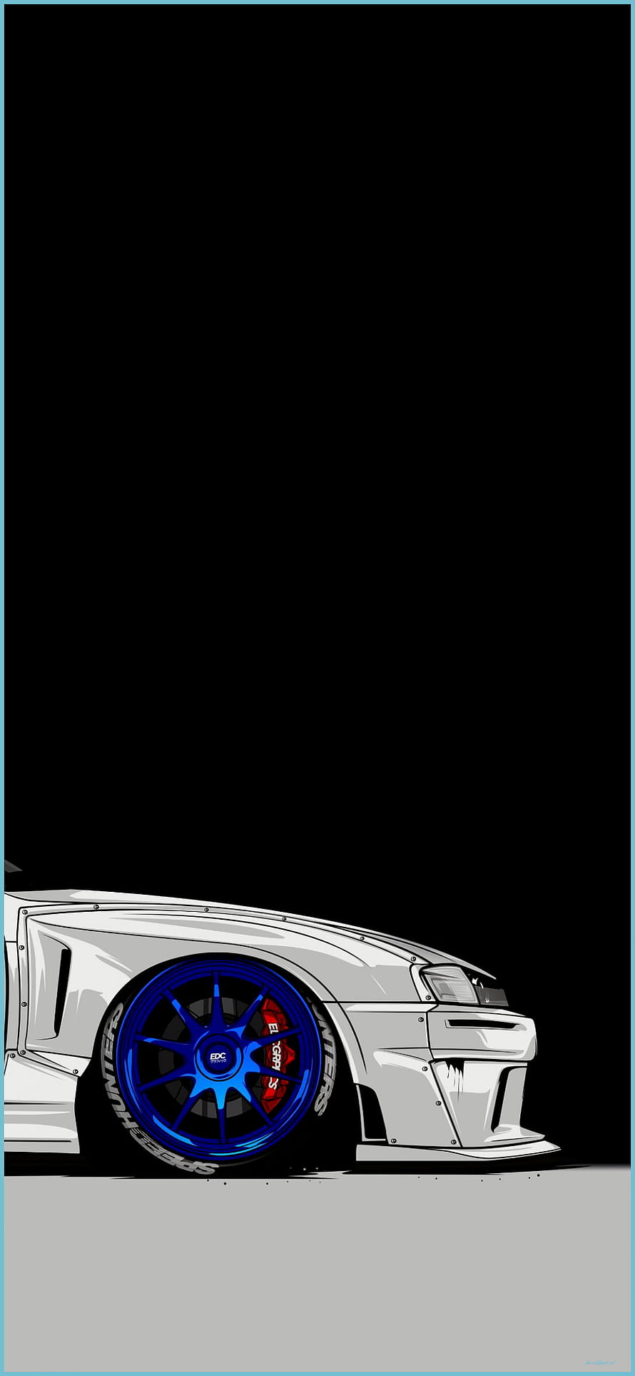 Stylized White Nissan JDM Widebody Illustration with Blue EDC Wheels on Black Background HD phone wallpaper