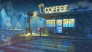 Cozy Winter Night Coffee Shop Street Scene With Neon Sign And Snowfall HD wallpaper