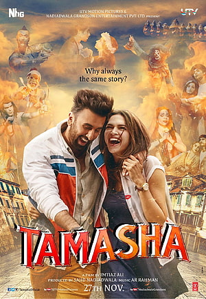 Tamasha Movie Poster Featuring Ranbir Kapoor and Deepika Padukone in Vibrant Cinematic Scene HD phone wallpaper