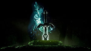 The Legend of Zelda Master Sword Glowing on Stone Pedestal in Dark Cave HD wallpaper