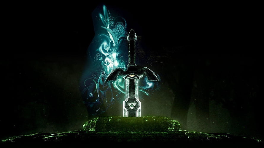 The Legend of Zelda Master Sword Glowing on Stone Pedestal in Dark Cave HD wallpaper