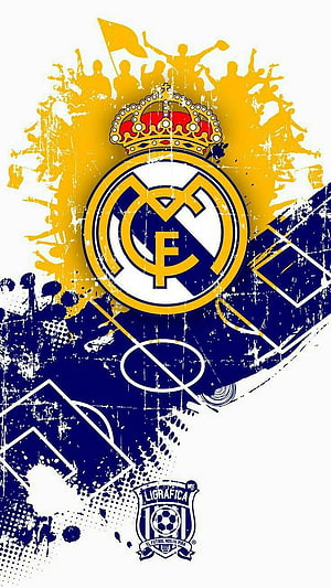 Real Madrid CF Crest With Grunge Texture And Soccer Field Lines HD phone wallpaper