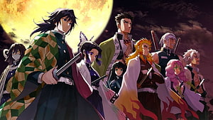 Demon Slayer Hashira Group Standing Together Under Giant Moon HD wallpaper