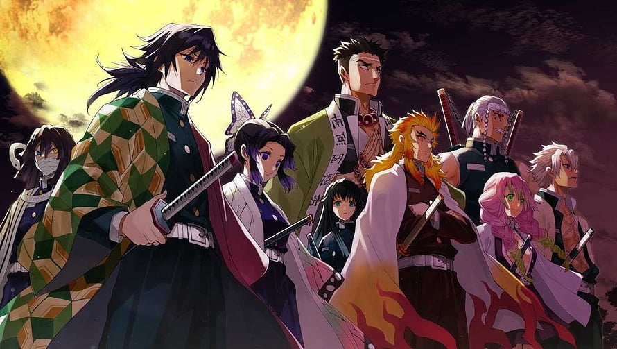 Demon Slayer Hashira Group Standing Together Under Giant Moon HD wallpaper