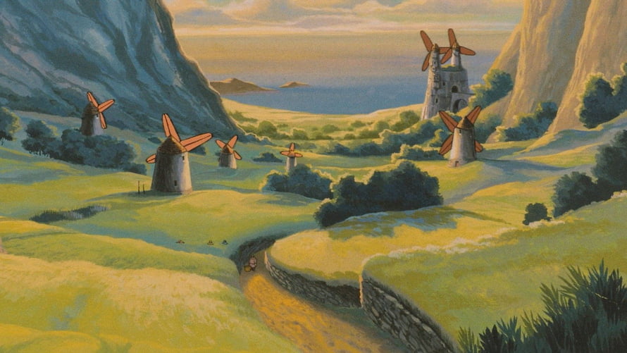 Studio Ghibli Animated Landscape With Windmills And Coastal Hills HD wallpaper