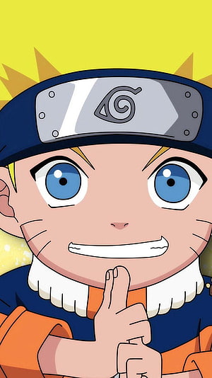 Naruto Uzumaki Chibi Portrait with Leaf Village Headband and Orange Outfit HD phone wallpaper