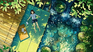 Anime Girl Lying on Wooden Deck by Stream HD wallpaper