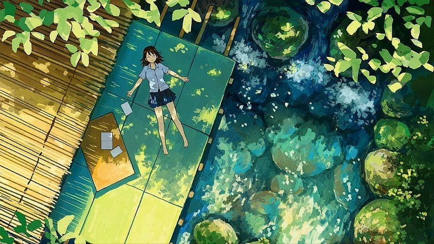 Anime Girl Lying on Wooden Deck by Stream HD wallpaper