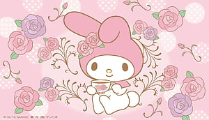Cute My Melody Sanrio Character Drinking Tea Surrounded by Pink Roses and Floral Vines HD wallpaper