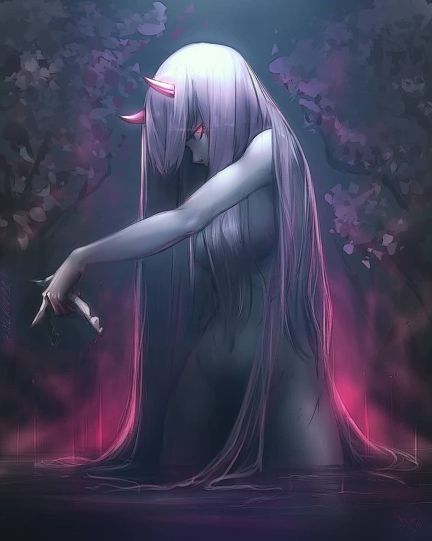 Anime Girl With Pink Horns And Long White Hair In Dark Fantasy Setting HD phone wallpaper