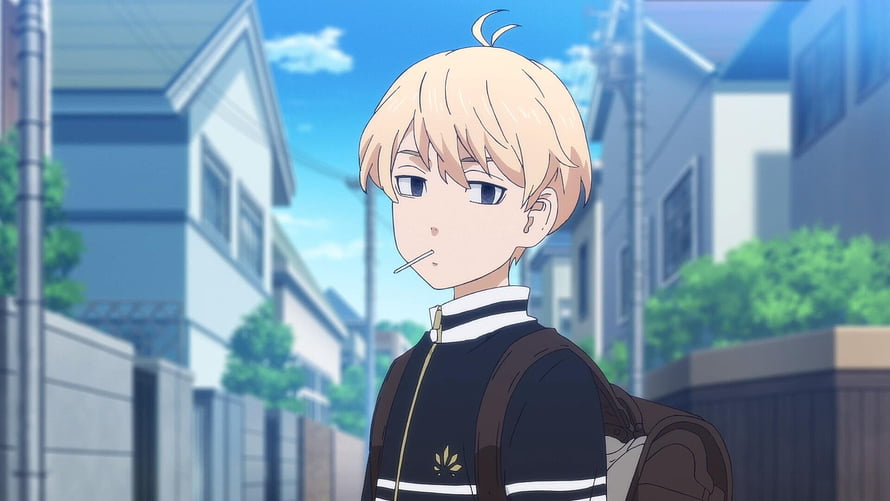 Anime Boy With Blonde Hair And Ahoge Standing On A Residential Street HD wallpaper