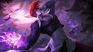 Iori Yagami Channeling Purple Flame Energy in Dramatic Anime Illustration HD wallpaper