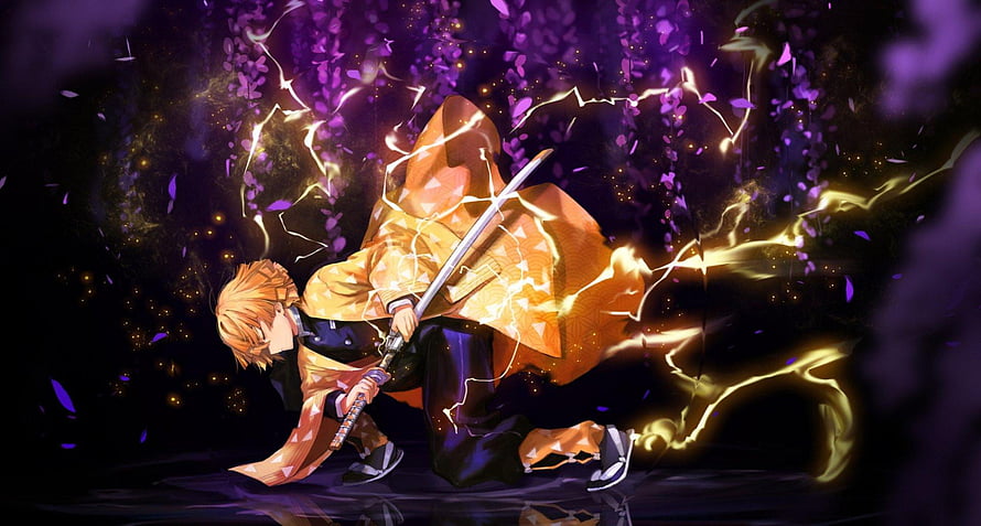 Zenitsu Agatsuma wielding Thunderclap and Flash technique in Demon Slayer anime art HD wallpaper