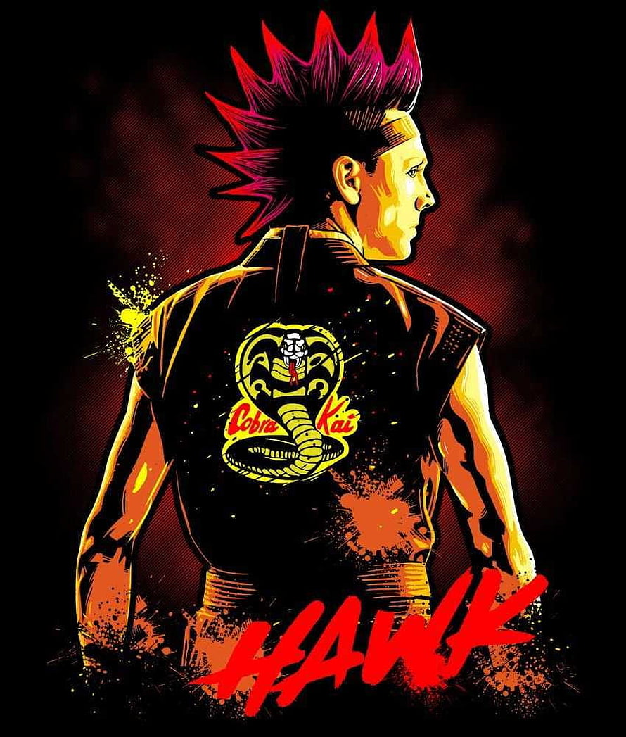Hawk from Cobra Kai wearing black gi with snake logo and red mohawk hairstyle HD phone wallpaper