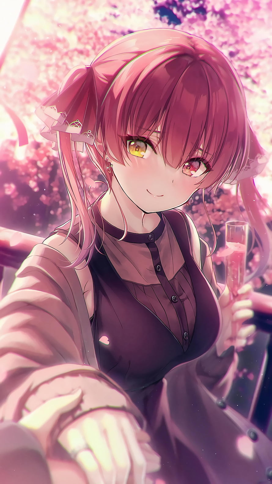 Houshou Marine VTuber Portrait Under Cherry Blossoms Holding a Drink HD phone wallpaper