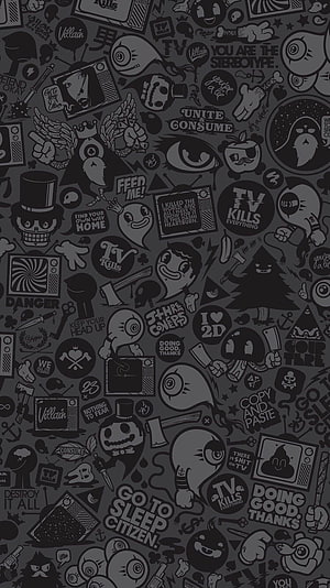Dark Monochrome Doodle Pattern with TV Kills Everything and Villain Text HD phone wallpaper