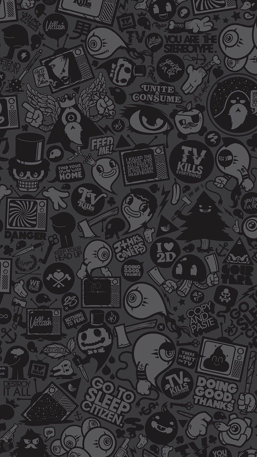 Dark Monochrome Doodle Pattern with TV Kills Everything and Villain Text HD phone wallpaper