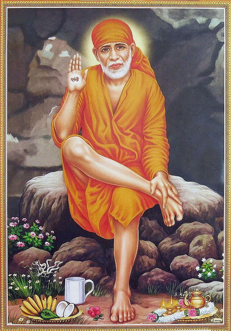 Sai Baba Sitting on Rock with Shanti Hand Gesture and Offerings HD phone wallpaper