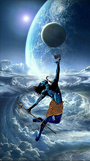 Lord Shiva Nataraja Cosmic Dance Wallpaper - Blue Skin, Trishul, and Damru in Space with Earth and Moon HD phone wallpaper