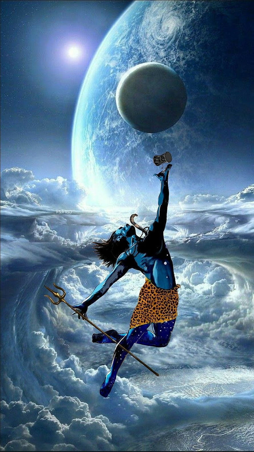 Lord Shiva Nataraja Cosmic Dance Wallpaper - Blue Skin, Trishul, and Damru in Space with Earth and Moon HD phone wallpaper