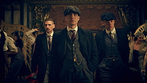 Peaky Blinders Gang Members in Period Suits and Flat Caps Walking Through Ornate Interior HD wallpaper