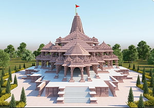 3D Architectural Visualization of a Grand Hindu Temple with Red Sandstone Shikhara and Courtyard HD wallpaper