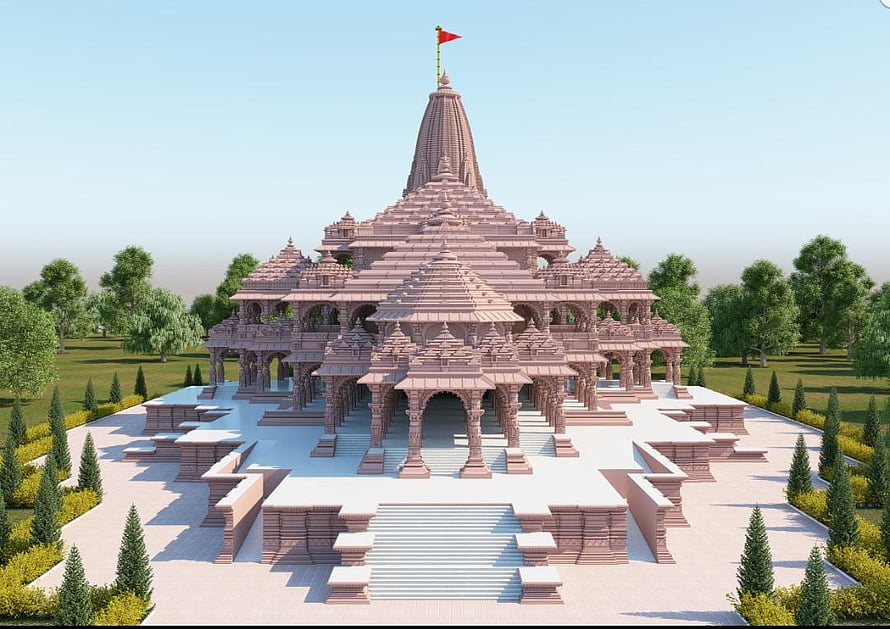 3D Architectural Visualization of a Grand Hindu Temple with Red Sandstone Shikhara and Courtyard HD wallpaper