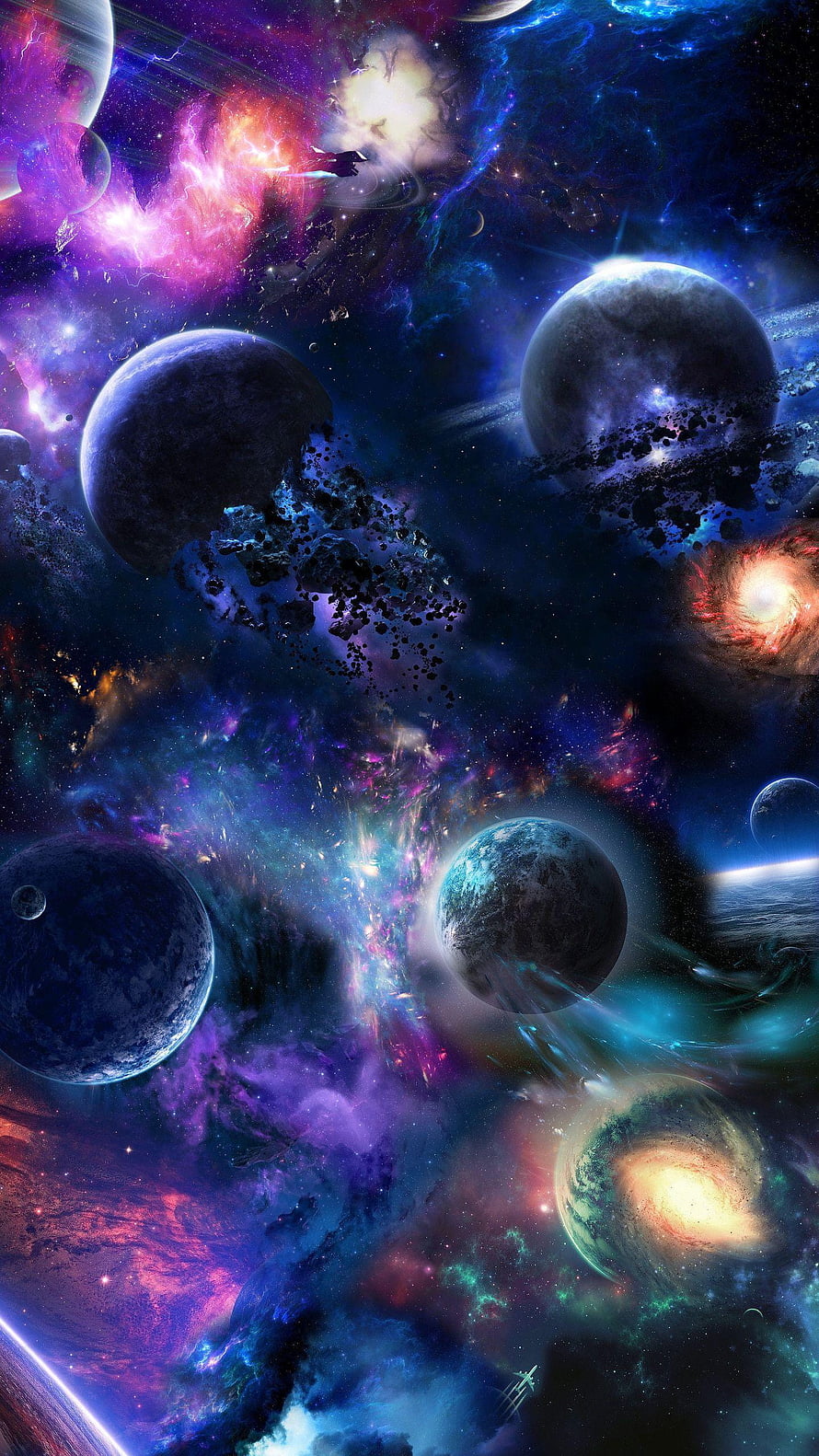 Vibrant Deep Space Galaxy Artwork Featuring Planets, Nebulae, and Starships HD phone wallpaper