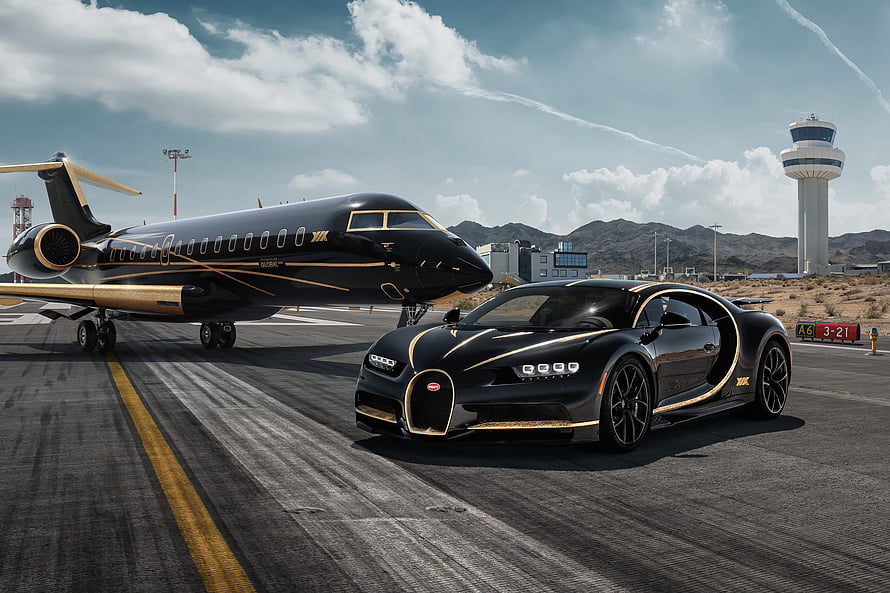 Black and Gold Bugatti Chiron and Private Jet on Airport Runway HD wallpaper
