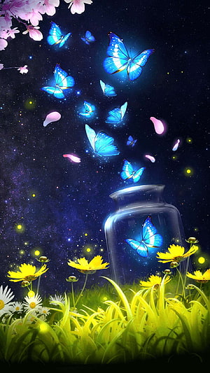 Glowing Blue Butterflies Emerging From Glass Jar Under Starry Night Sky With Wildflowers HD phone wallpaper