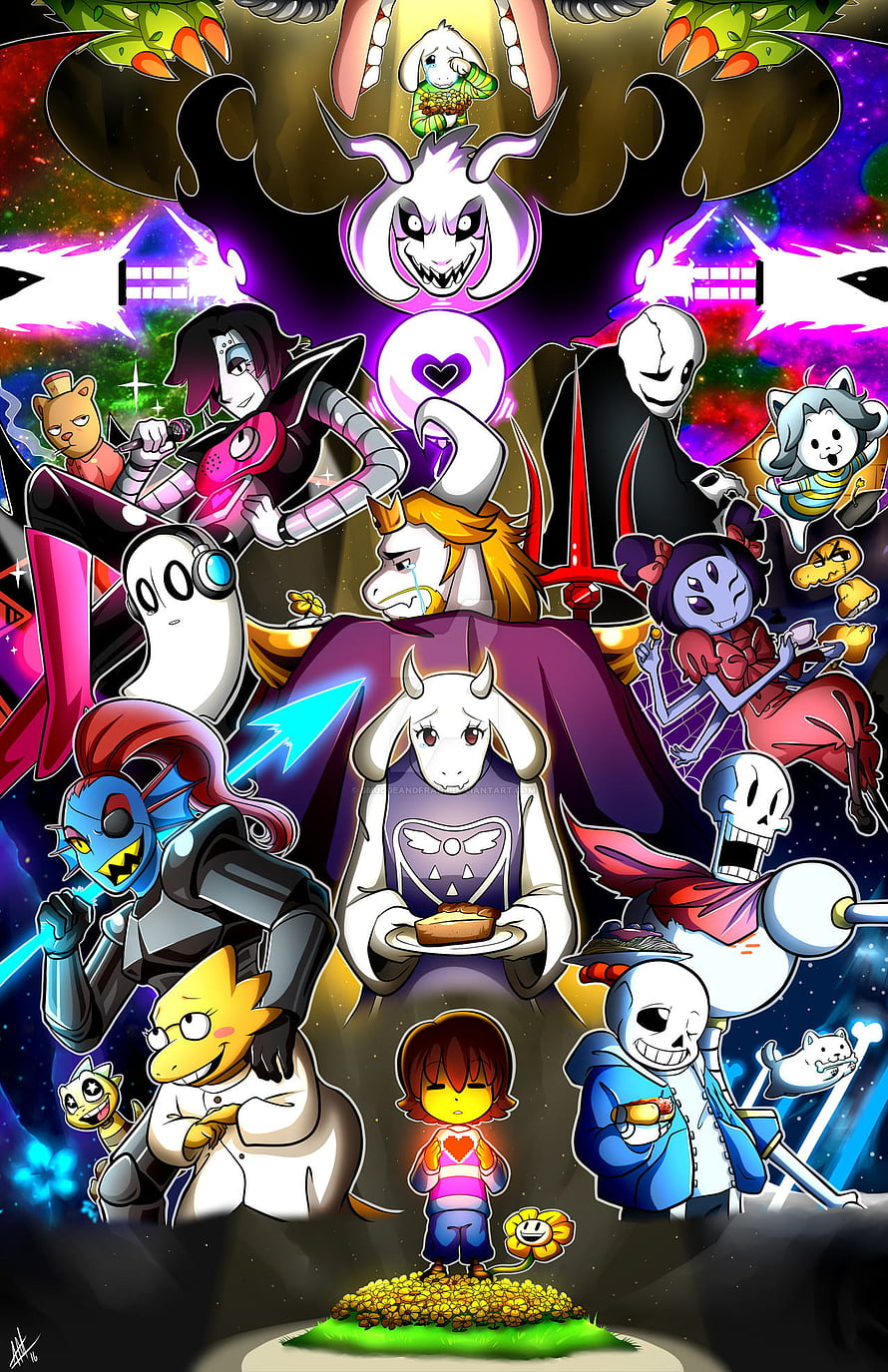 Undertale Character Group Art Featuring Sans, Papyrus, Flowey, and Frisk in Vibrant Style HD phone wallpaper