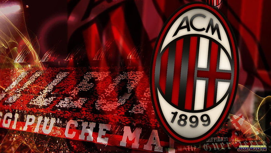 AC Milan 1899 Club Crest With Red and Black Striped Stadium Background HD wallpaper