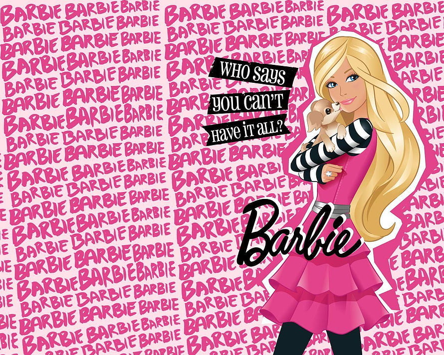 Barbie Doll in Pink Dress Holding Puppy with Who Says You Can't Have It All Quote HD wallpaper