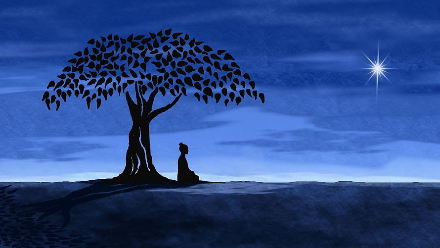 Silhouette of Gautama Buddha Meditating Under a Tree at Night HD wallpaper